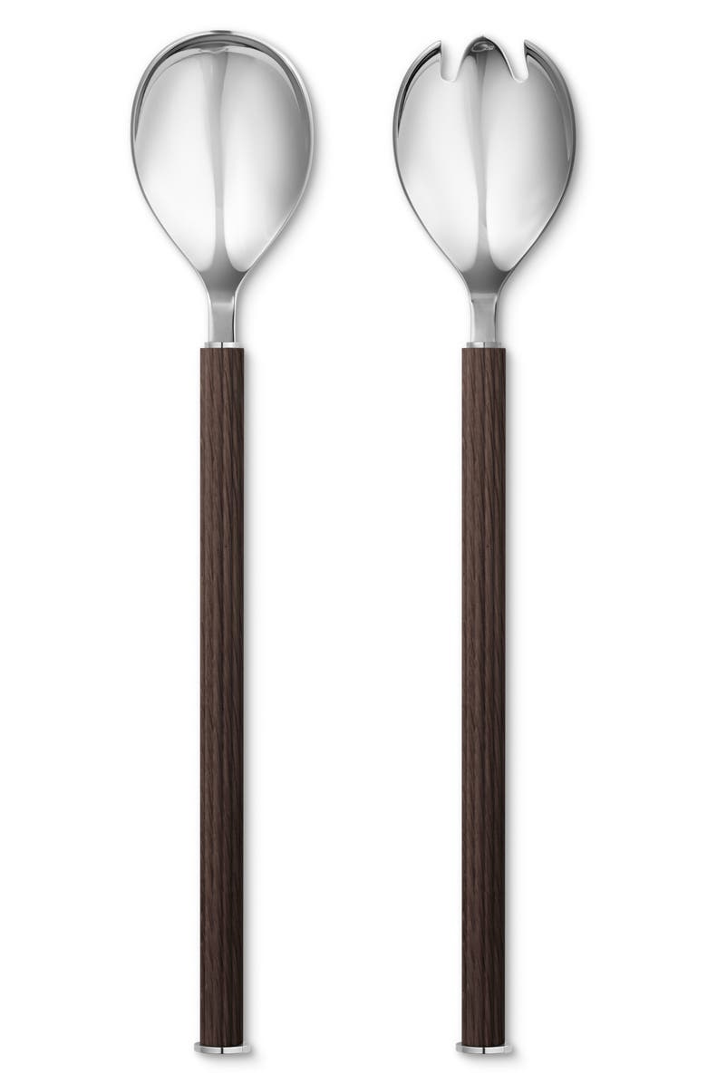 Georg Jensen Bernadotte Wood Salad Serving Set, Main, color, Silver/ Brown