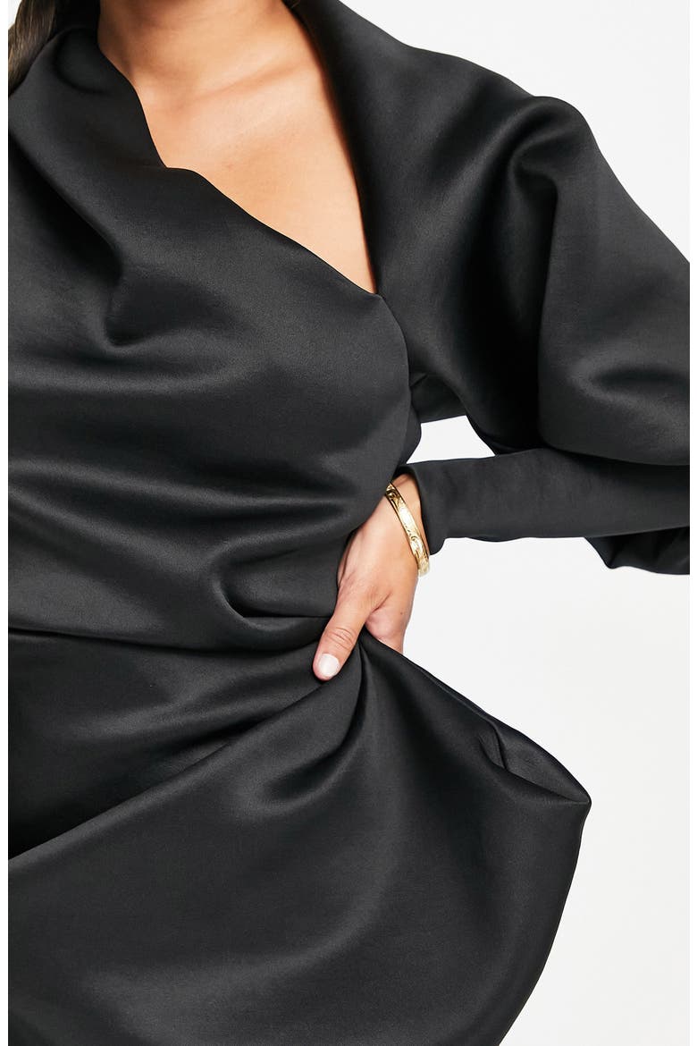 One-Sleeve Asymmetric Ruched Satin Cocktail Dress, Alternate, color, BLACK
