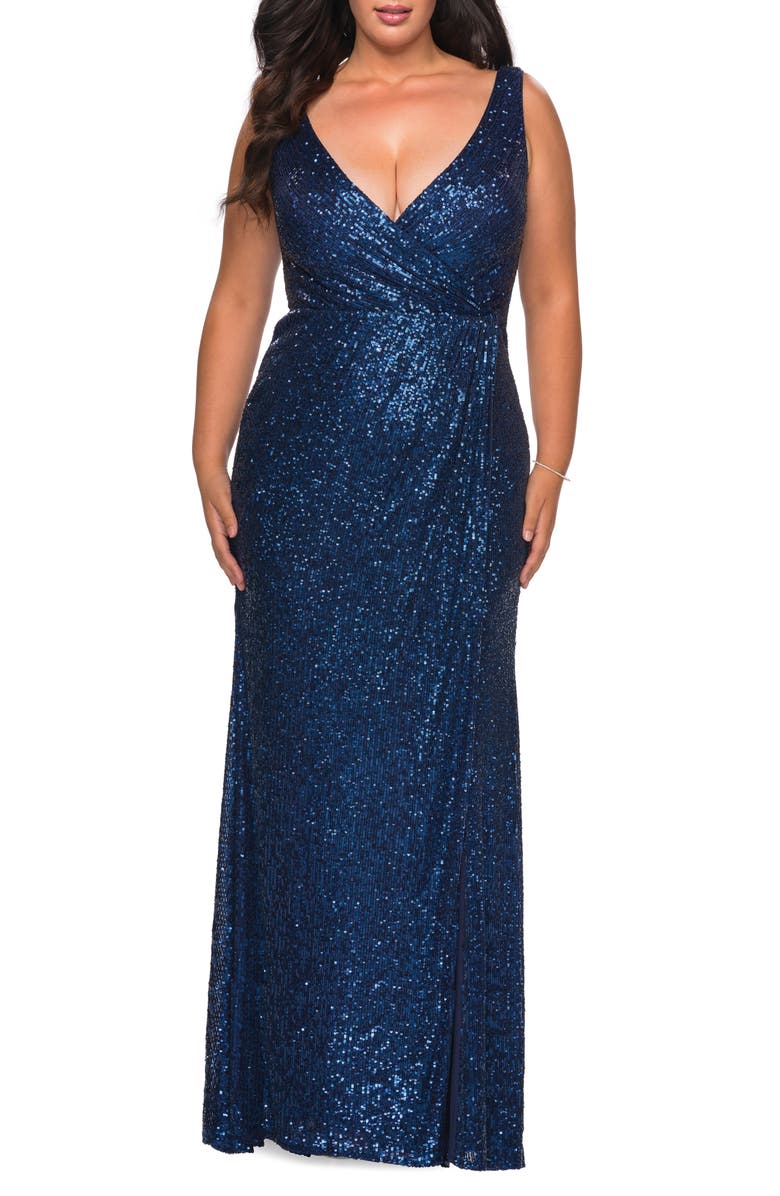 La Femme Sequin Faux Wrap Gown, Main, color, 