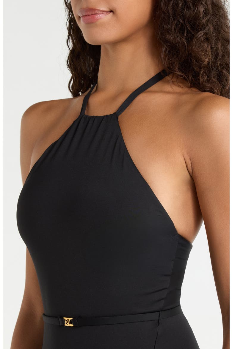 Belted High Neck One-Piece Swimsuit, Alternate, color, BLACK