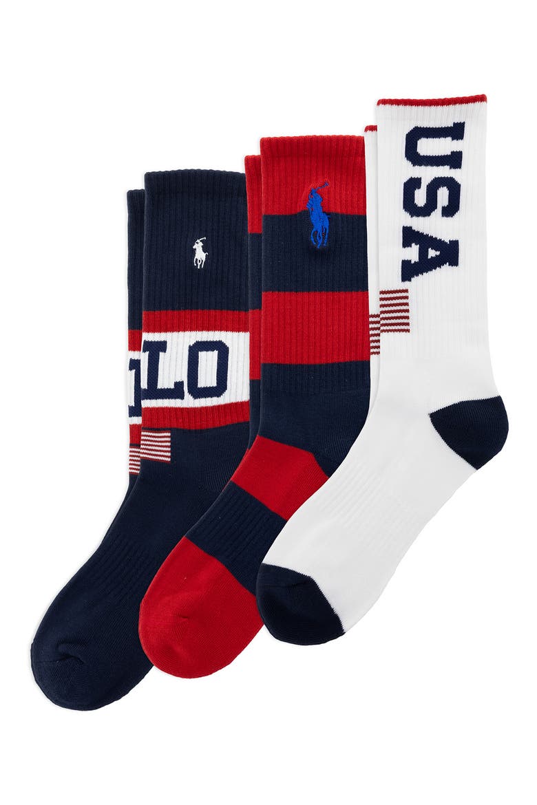 Assorted 3-Pack USA Stadium Crew Socks, Main, color, NAVY