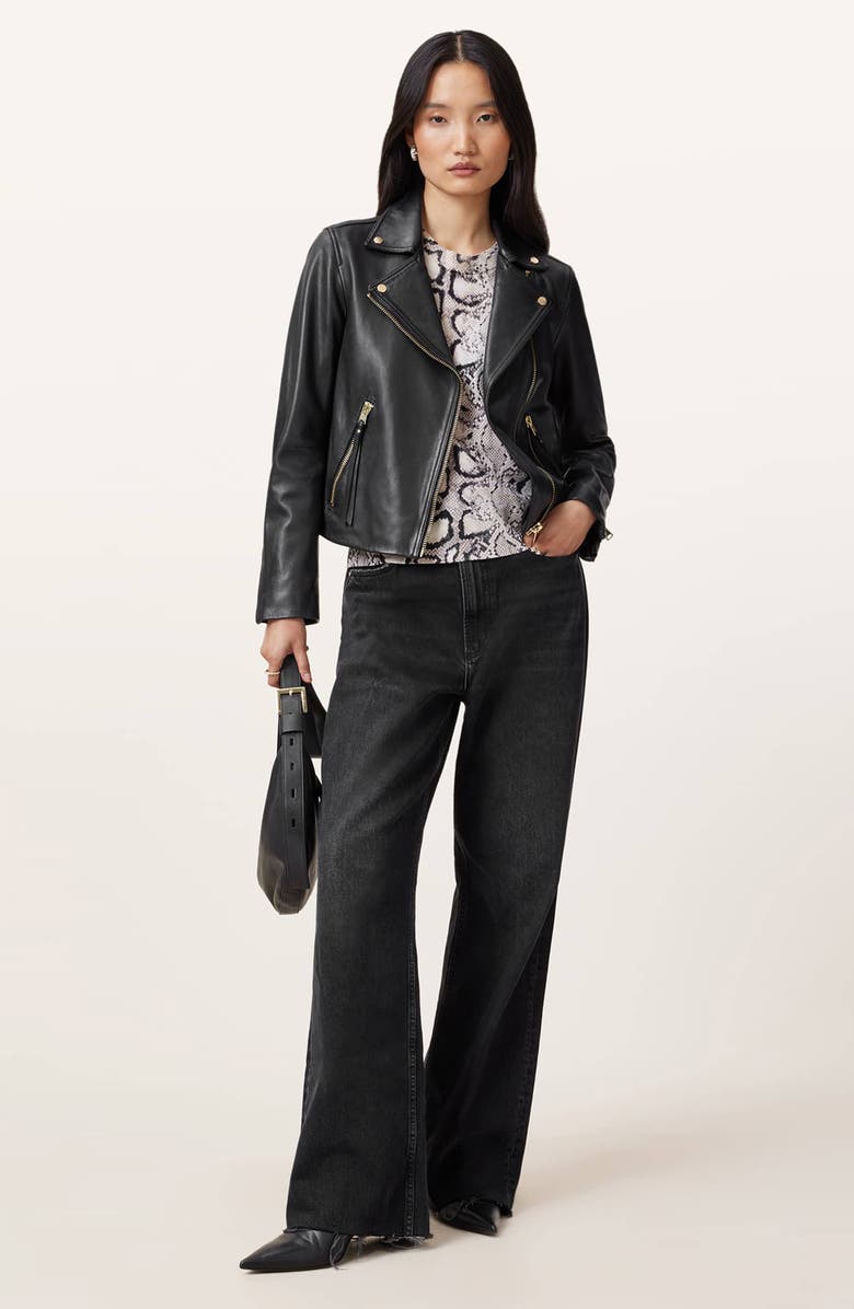 AllSaints Dalby Leather Biker Jacket, Alternate, color, Black/ Gold