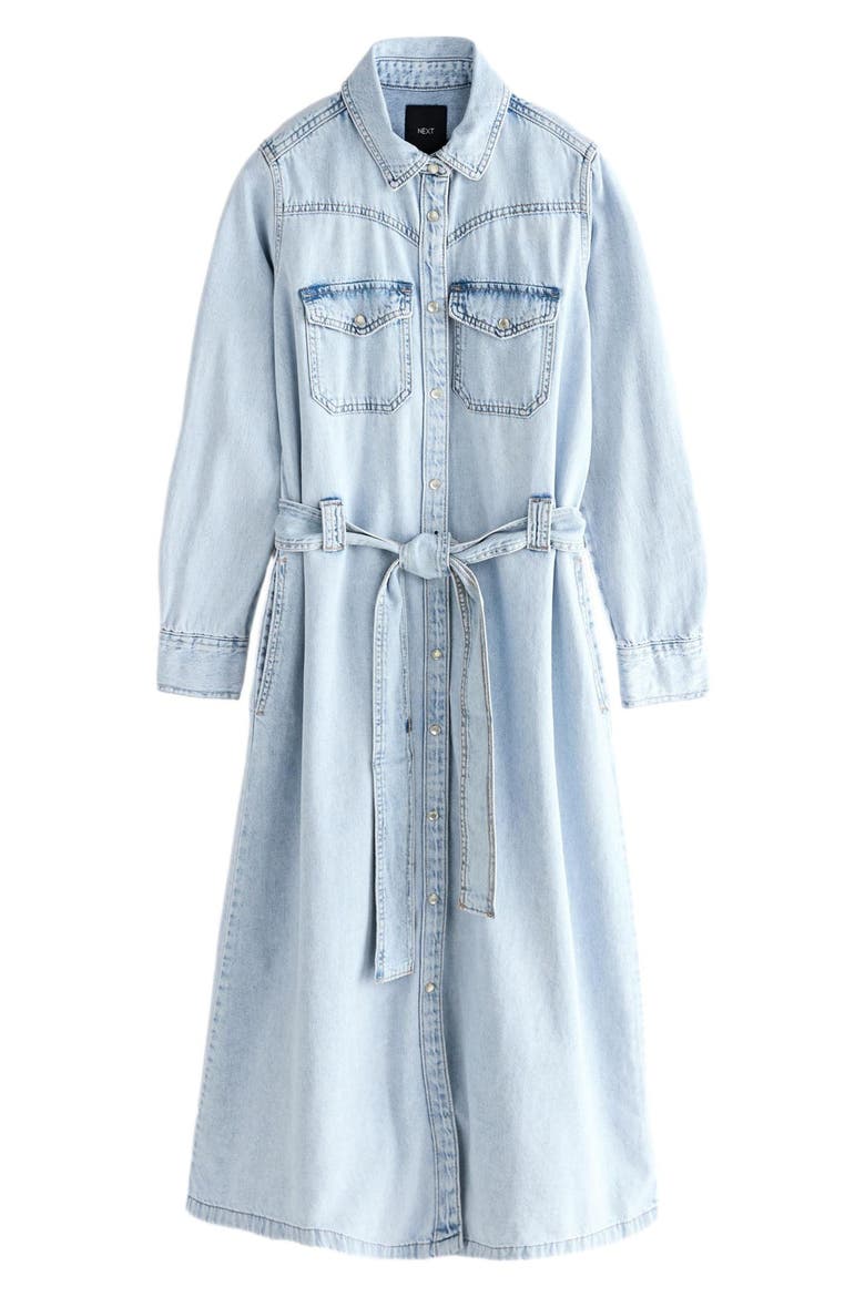 Tie Waist Long Sleeve Denim Maxi Dress, Main, color, BLUE