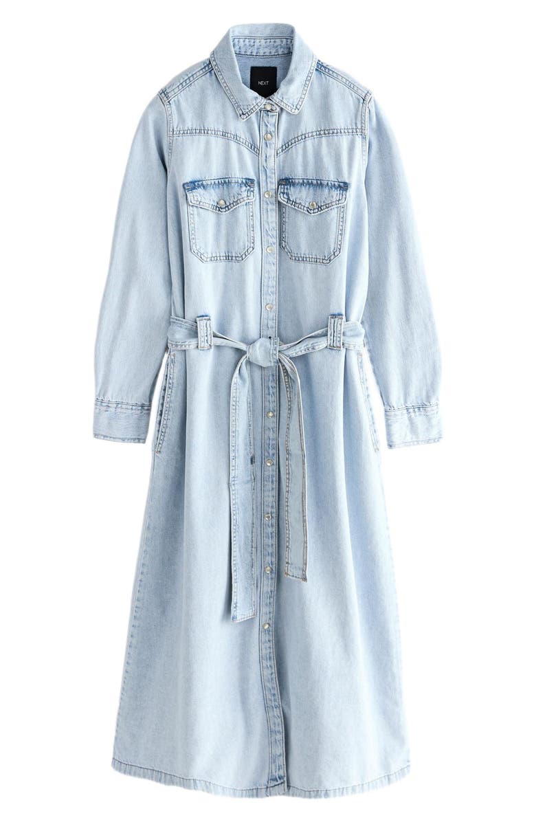NEXT Tie Waist Long Sleeve Denim Maxi Dress, Main, color, Blue
