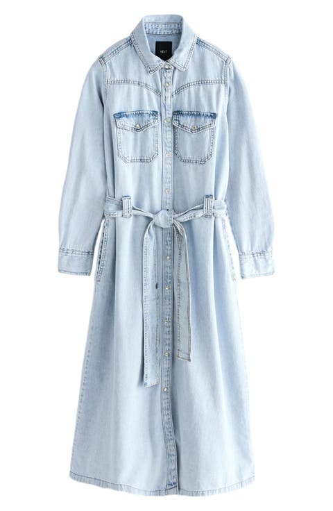 Tie Waist Long Sleeve Denim Maxi Dress