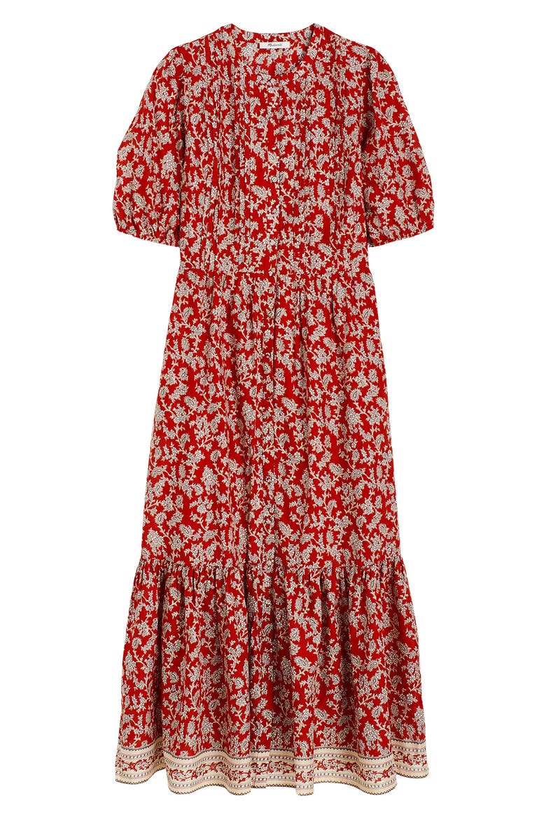 Pintucked Puff Sleeve Midi Dress, Alternate, color, GROUND MADDER