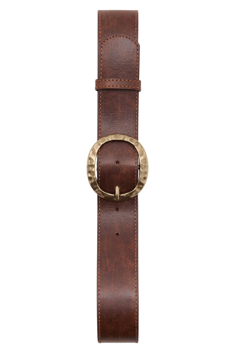 Textured Faux Leather Belt with Round Buckle, Alternate, color, BROWN