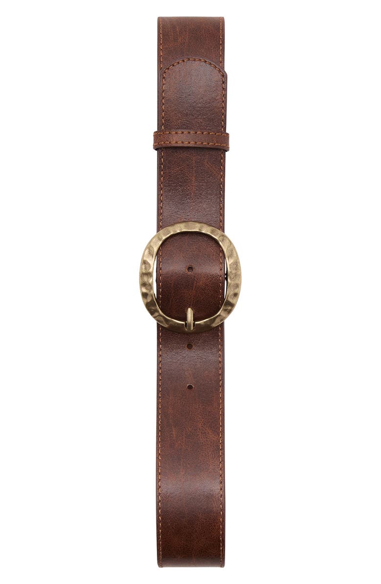 MANGO Textured Faux Leather Belt with Round Buckle, Alternate, color, Brown