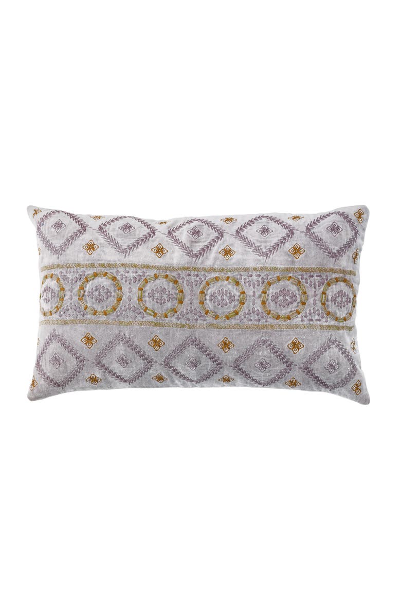 Storied Home Boho Cotton Velvet Lumbar Pillow with Embroidery, Main, color, Purple