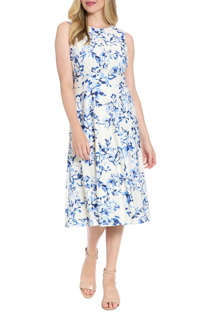 London Times Floral Sleeveless Inset Waist Eyelet Midi Dress, Main, color, Ivory/ Blue