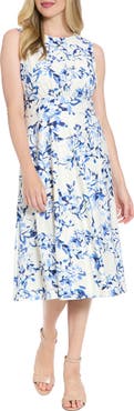 London Times Floral Sleeveless Inset Waist Eyelet Midi Dress