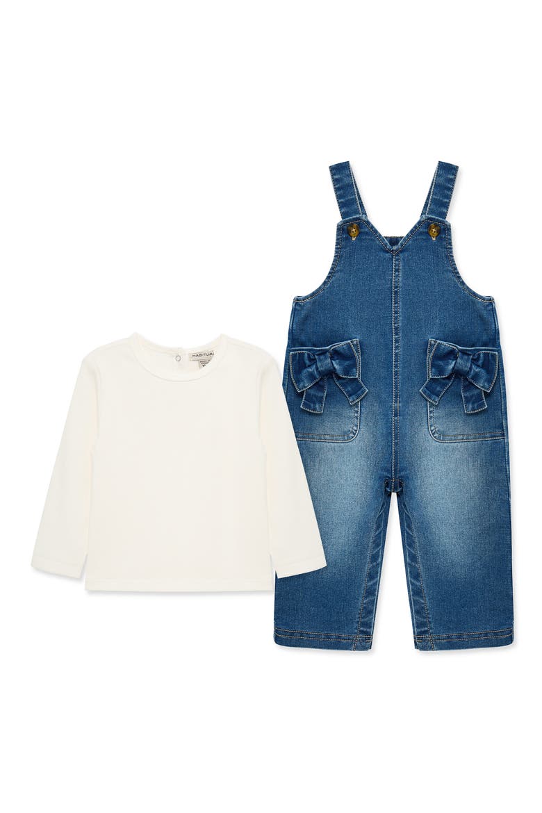 Kids' Long Sleeve Ribbed Tee & Denim Overall Set, Main, color, MED STONE