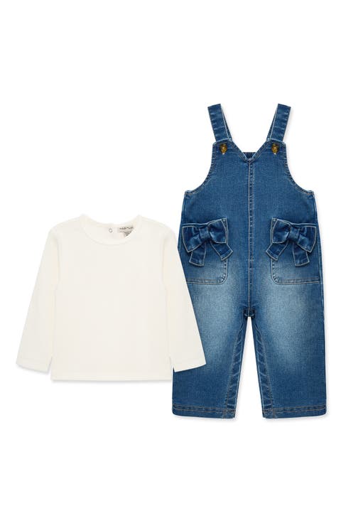 Kids' Long Sleeve Ribbed Tee & Denim Overall Set