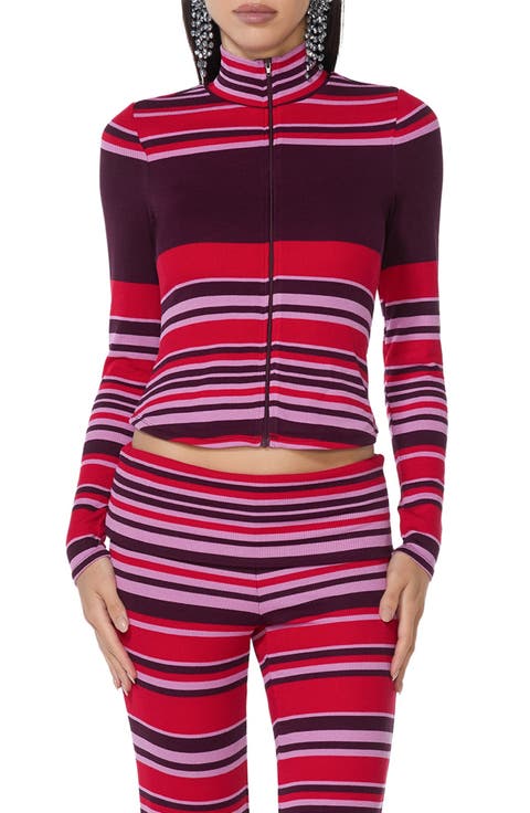Navarro Full Zip Striped Rib Mock Neck Top