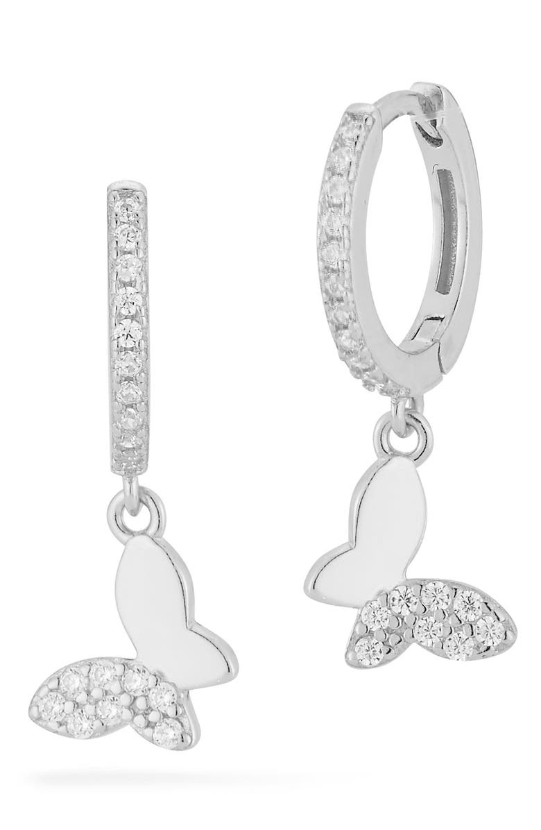 GLAZE JEWELRY Pavé Cubic Zirconia Butterfly Drop Huggie Hoop Earrings, Main, color, 