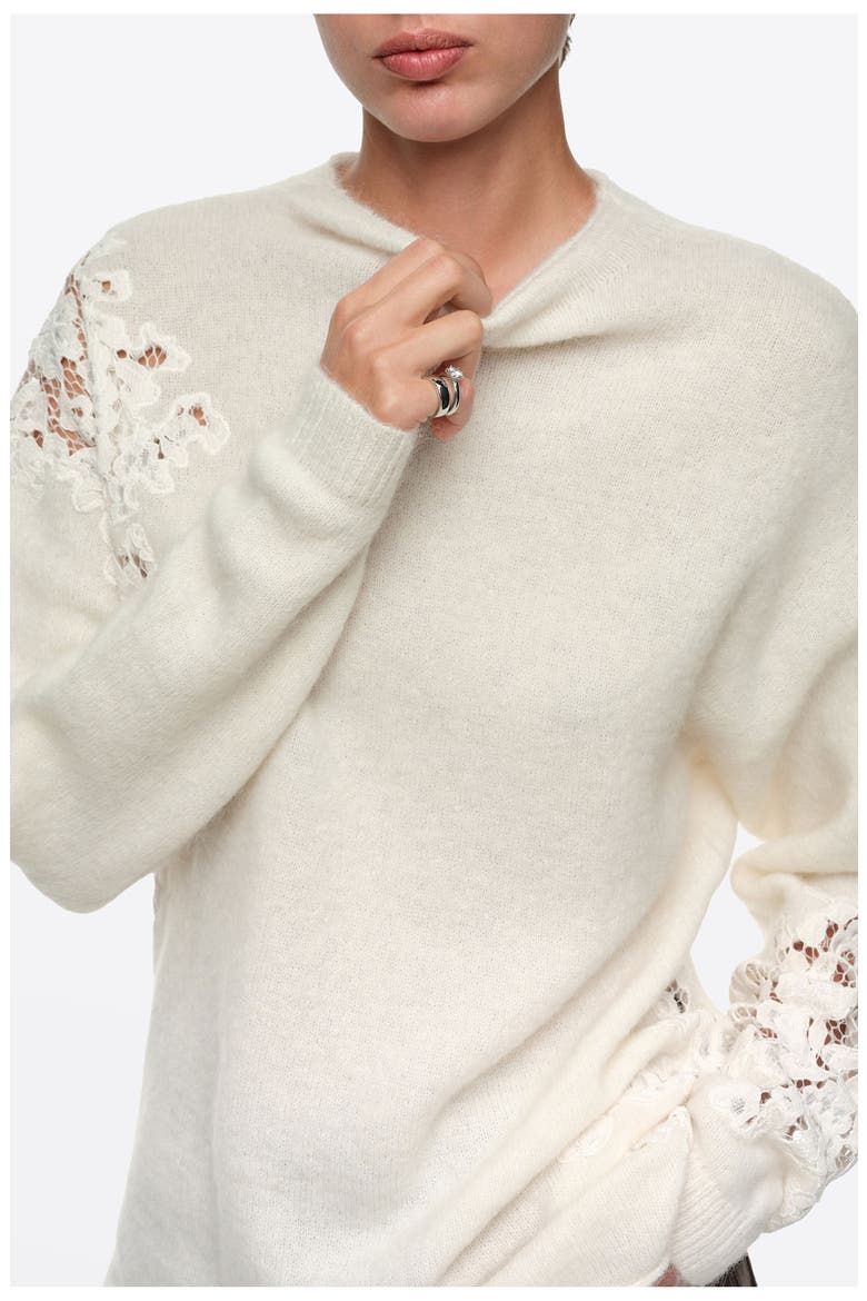 Alpaca High Neck Sweater with Lace, Alternate, color, IVORY