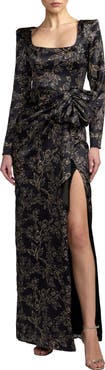 Mac Duggal Floral Printed Long Sleeve Gown With Bow