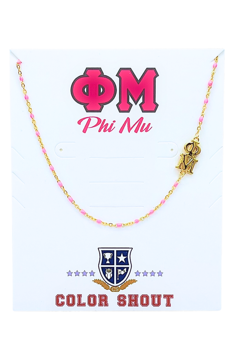 Color Shout Phi Mu Greek Letter Side Set Necklace, Main, color, Yellow Gold