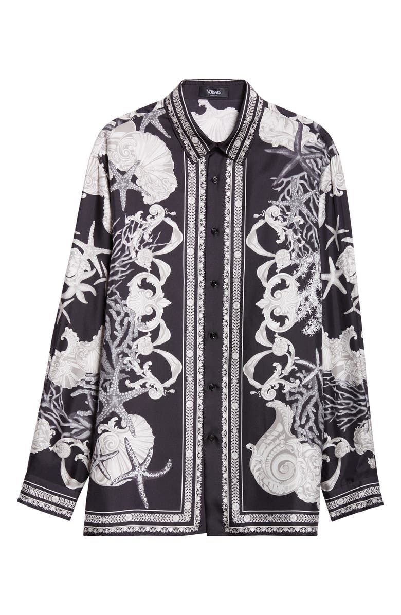 Versace Seashell Barocco Print Silk Button-Up Shirt, Alternate, color, Black Concrete Bone
