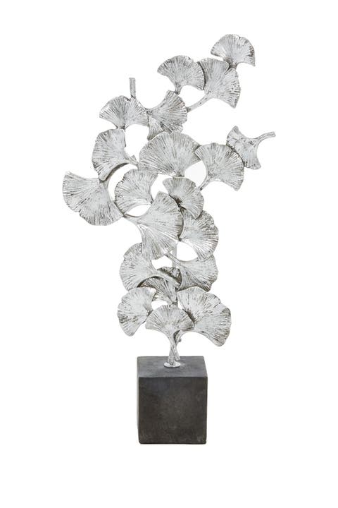 Silver Polystone Floral Sculpture with Black Block Base