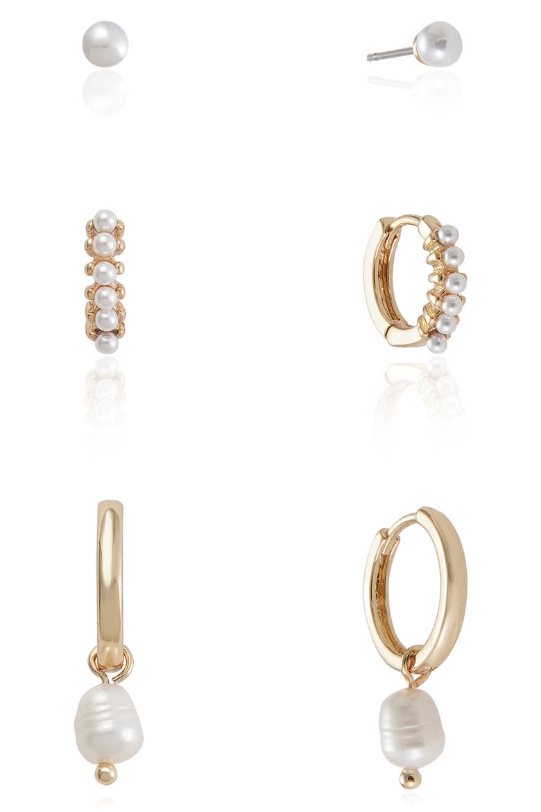 Ultimate Set of 3 Pairs Imitation Pearl Earrings, Main, color, GOLD