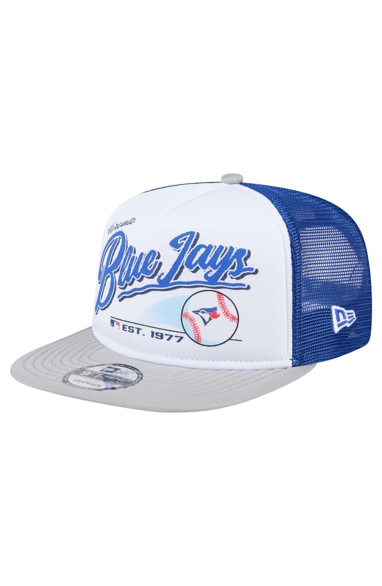 New Era Men's New Era White/Gray Toronto Blue Jays Retro Script Trucker 9FIFTY Snapback Hat, Main, color, White