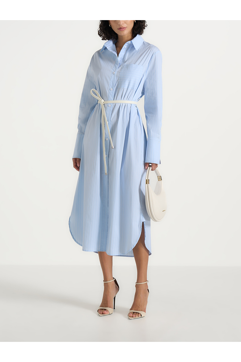 Isa Belted Pinstripe Cotton Midi Shirt Dress, Main, color, Pale Blue
