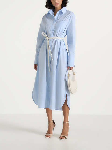 Isa Belted Pinstripe Cotton Midi Shirt Dress