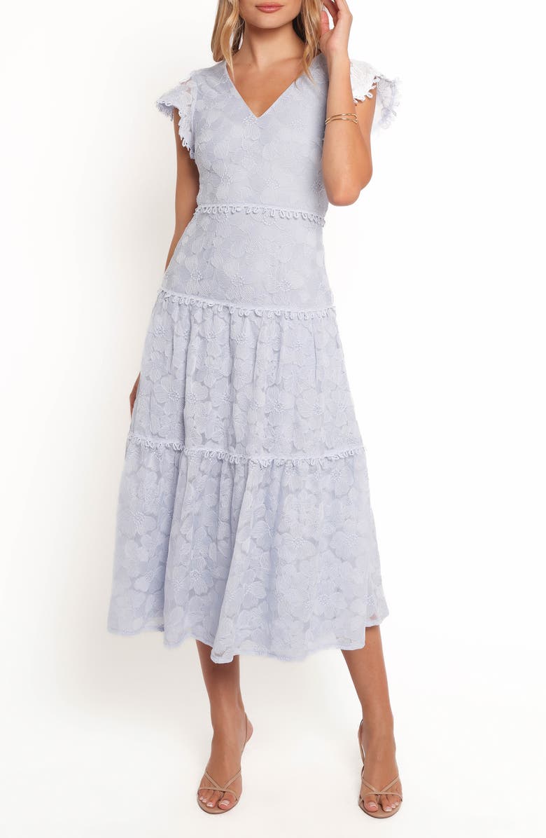 Petal & Pup Asher Floral Embroidered Tiered Midi Dress, Main, color, Blue