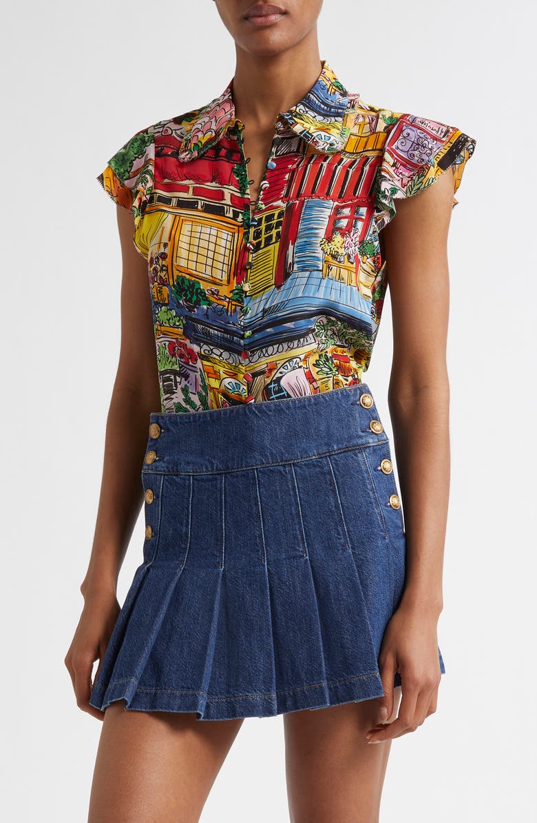 Alice + Olivia Martel Flutter Sleeve Silk Button-Up Shirt, Main, color, 