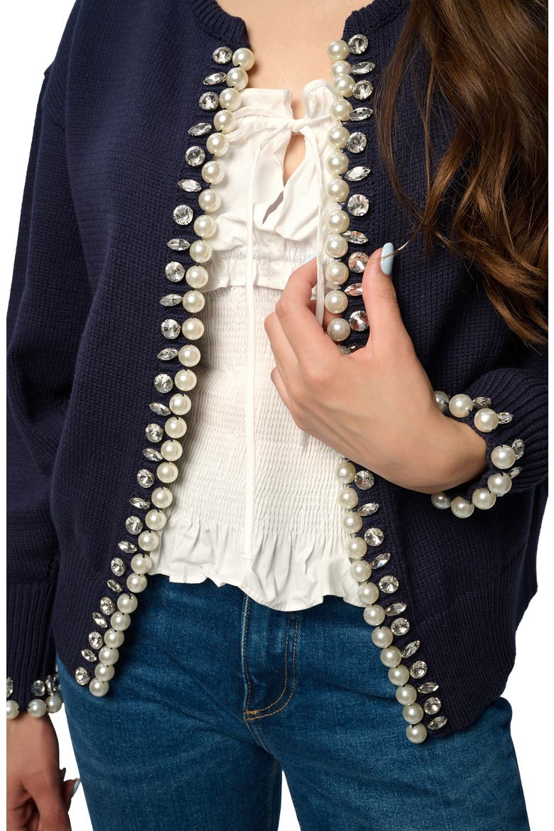 Faux Pearl & Crystal Cardigan, Alternate, color, NAVY