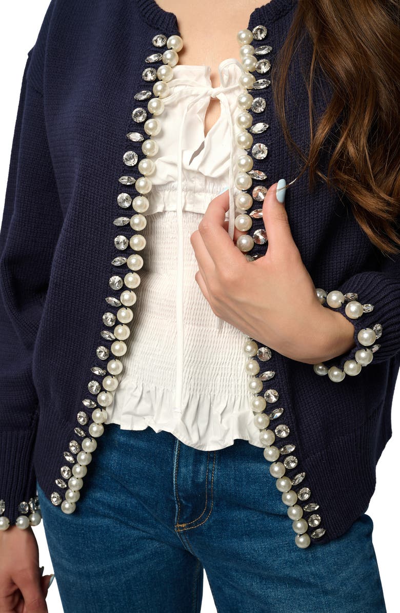 SAACHI Faux Pearl & Crystal Cardigan, Alternate, color, Navy