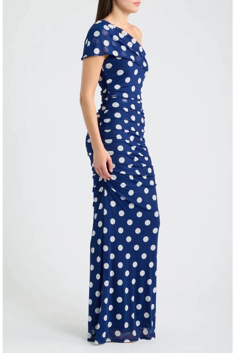 Rosario Polka Dot One-Shoulder Mesh Maxi Dress, Alternate, color, BLUE MOON