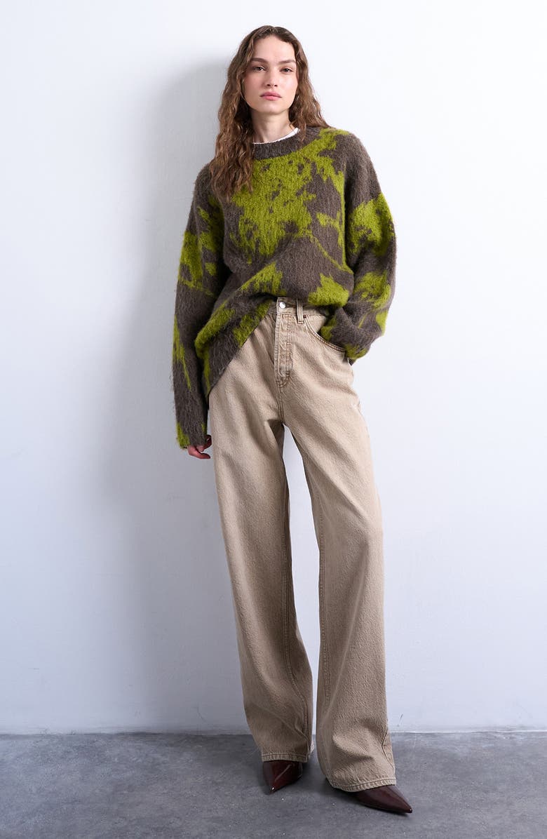 Topshop Blurred Floral Fuzzy Sweater, Alternate, color, Medium Green