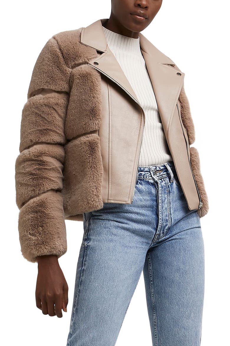 Faux Fur & Faux Leather Moto Jacket, Main, color, MED PINK