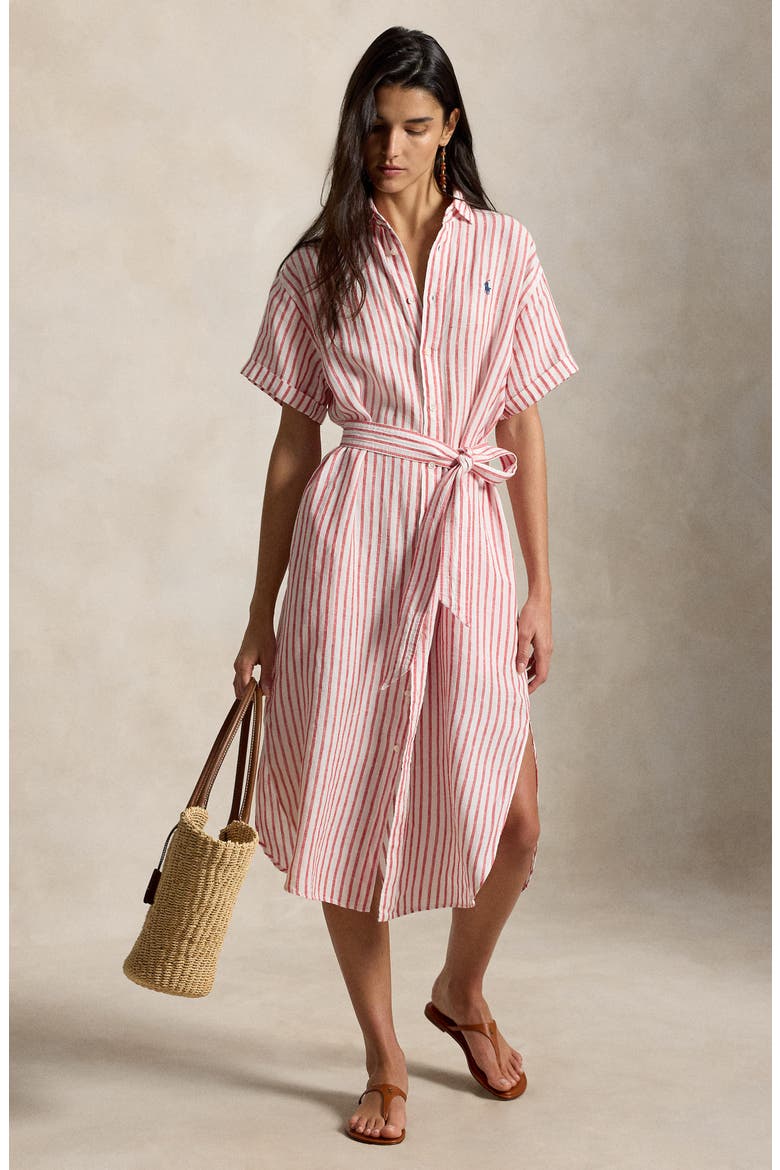 Stripe Short Sleeve Linen Shirtdress, Alternate, color, RED/ WHITE