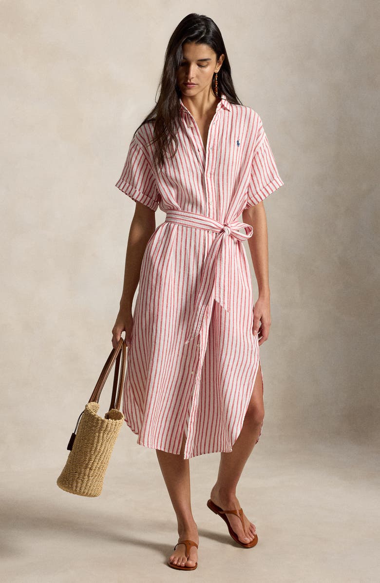 Polo Ralph Lauren Stripe Short Sleeve Linen Shirtdress, Alternate, color, Red/ White