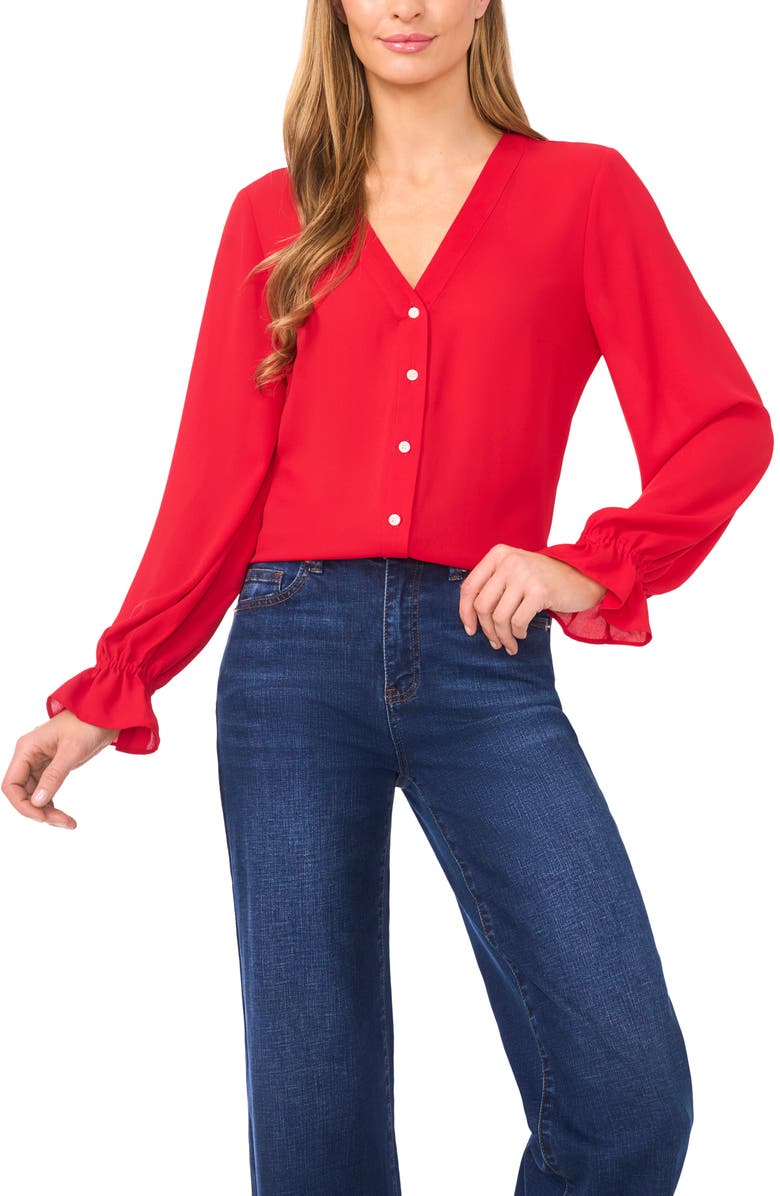 CeCe Tie Cuff Button-Up Top, Main, color, Red
