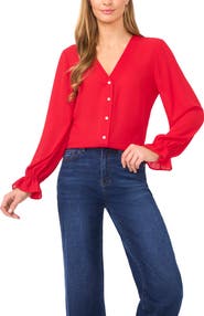 CeCe Tie Cuff Button-Up Top