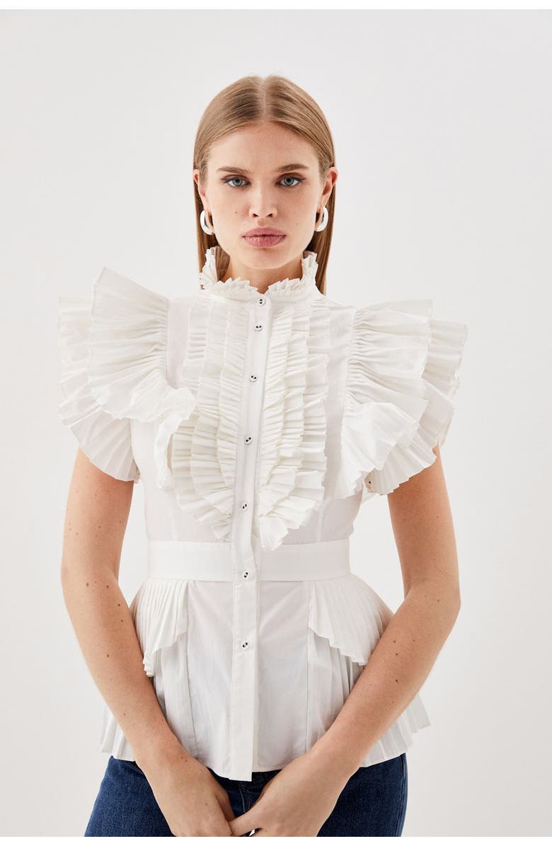 Karen Millen Sleeveless Pleated Ruffle Blouse, Main, color, White