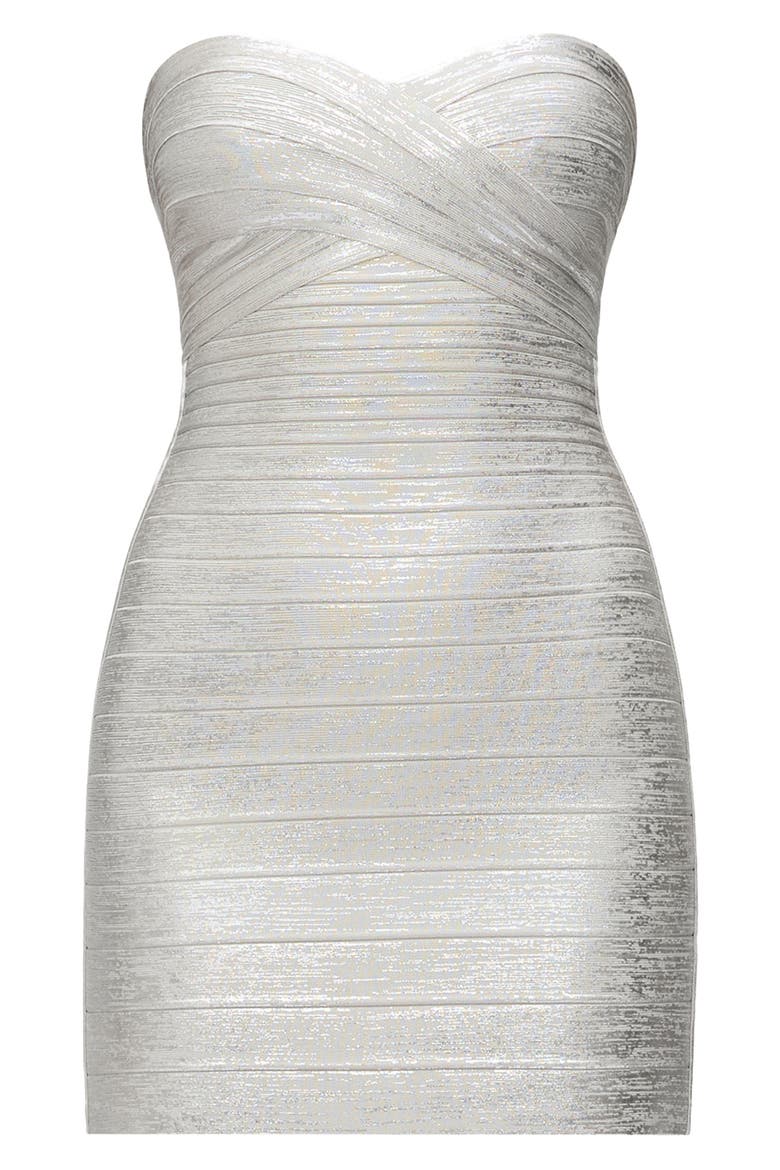 The Metallic Isla Strapless Bandage Dress, Alternate, color, SILVER FOIL
