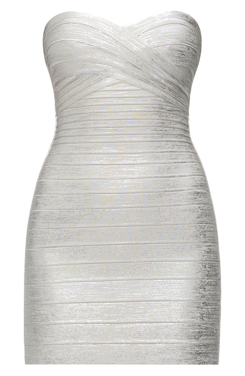 Herve Leger The Metallic Isla Strapless Bandage Dress, Alternate, color, Silver Foil
