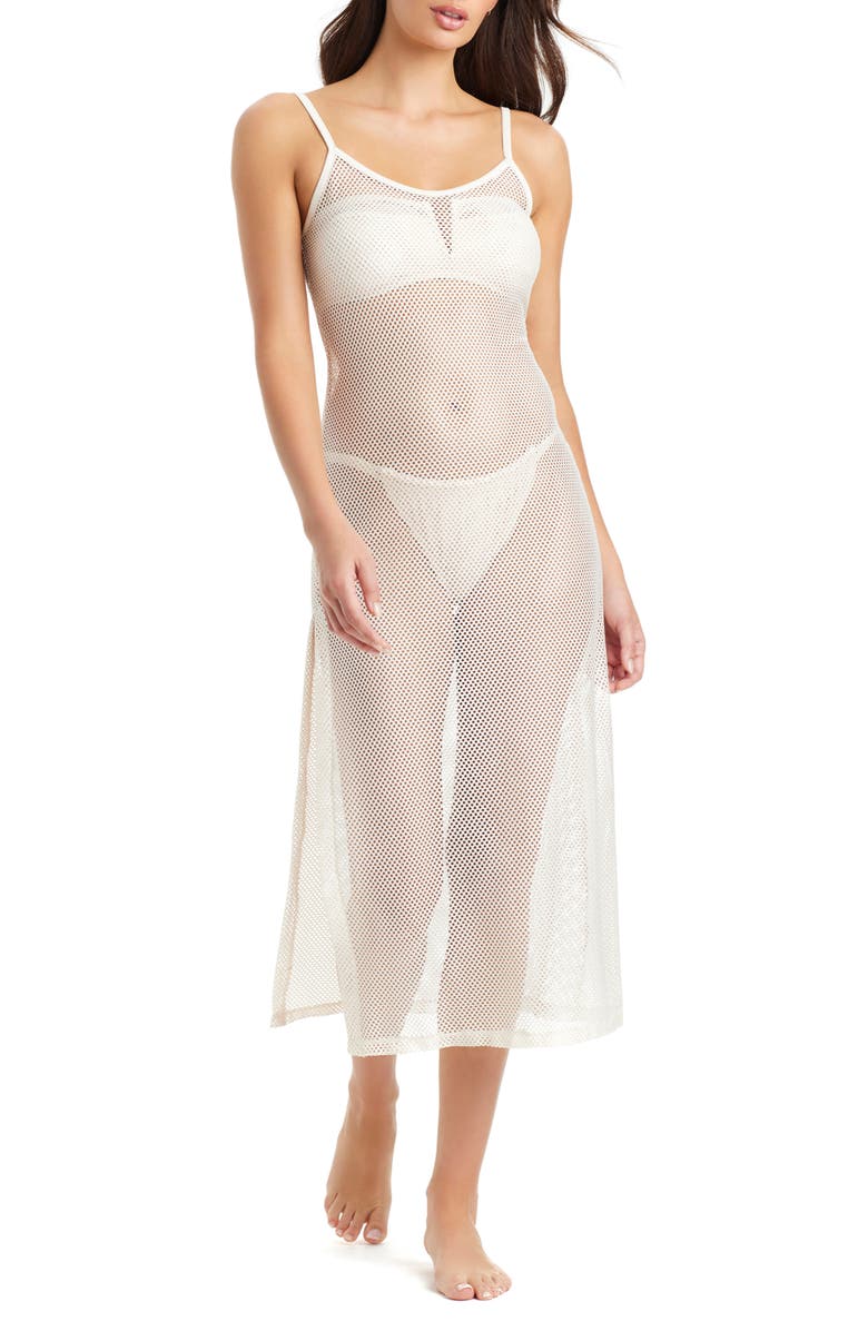 Sanctuary Metallic Net Sheer Maxi Cover-Up Dress, Main, color, White Gold