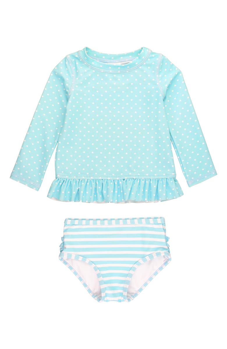 RuffleButts Kids' Tropical Heart Dot Long Sleeve Two-Piece Rashguard Swimsuit, Main, color,