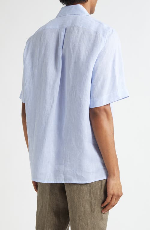 Isaia Superlino Short Sleeve Linen Button-up Shirt In Blue