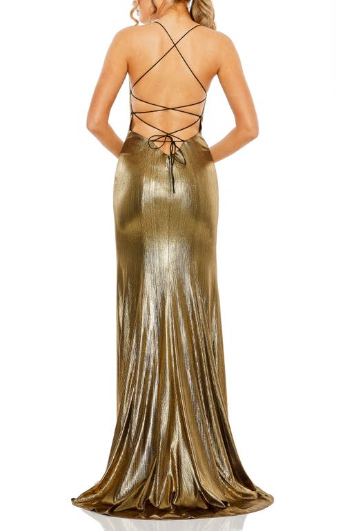 Mac Duggal Metallic Corset Back Column Gown In Antique Gold