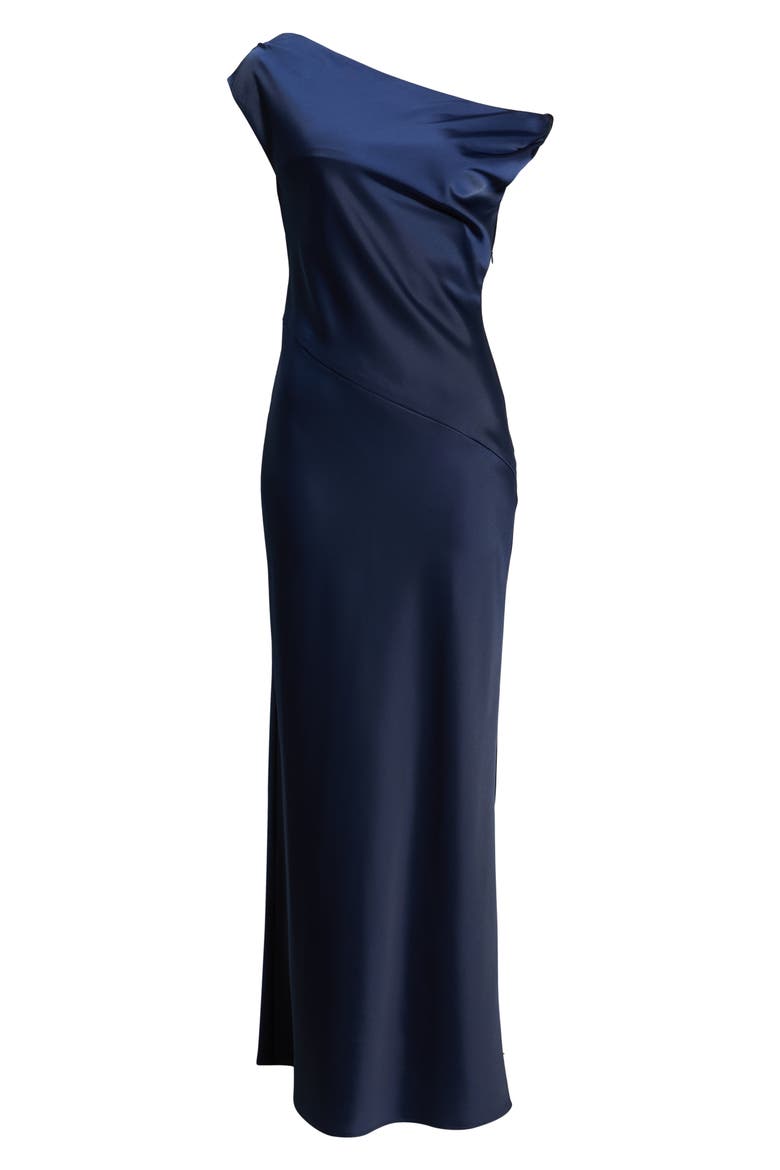 Colleen One-Shoulder Drape Satin Gown, Alternate, color, NAVY
