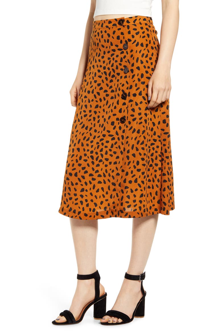 Animal Print Button Midi Skirt, Main, color, RUST GROUND DOT