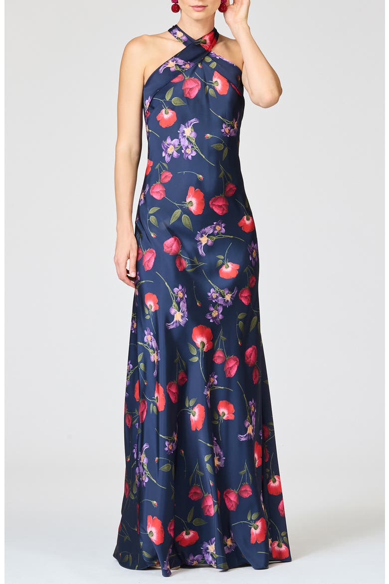 Laurant Floral Sleeveless Satin Crepe Gown, Main, color, MIDNIGHT JARDIN