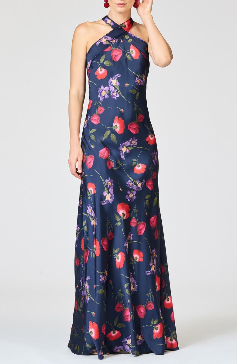 Sachin & Babi Laurant Floral Sleeveless Satin Crepe Gown, Main, color, Midnight Jardin